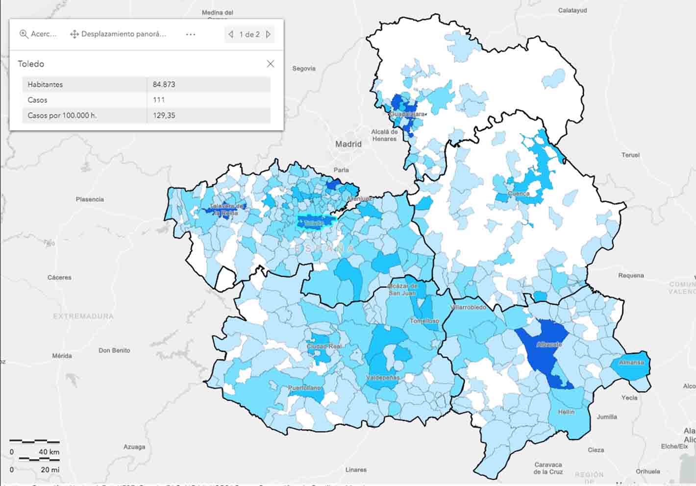 Mapa de los casos por municipios.