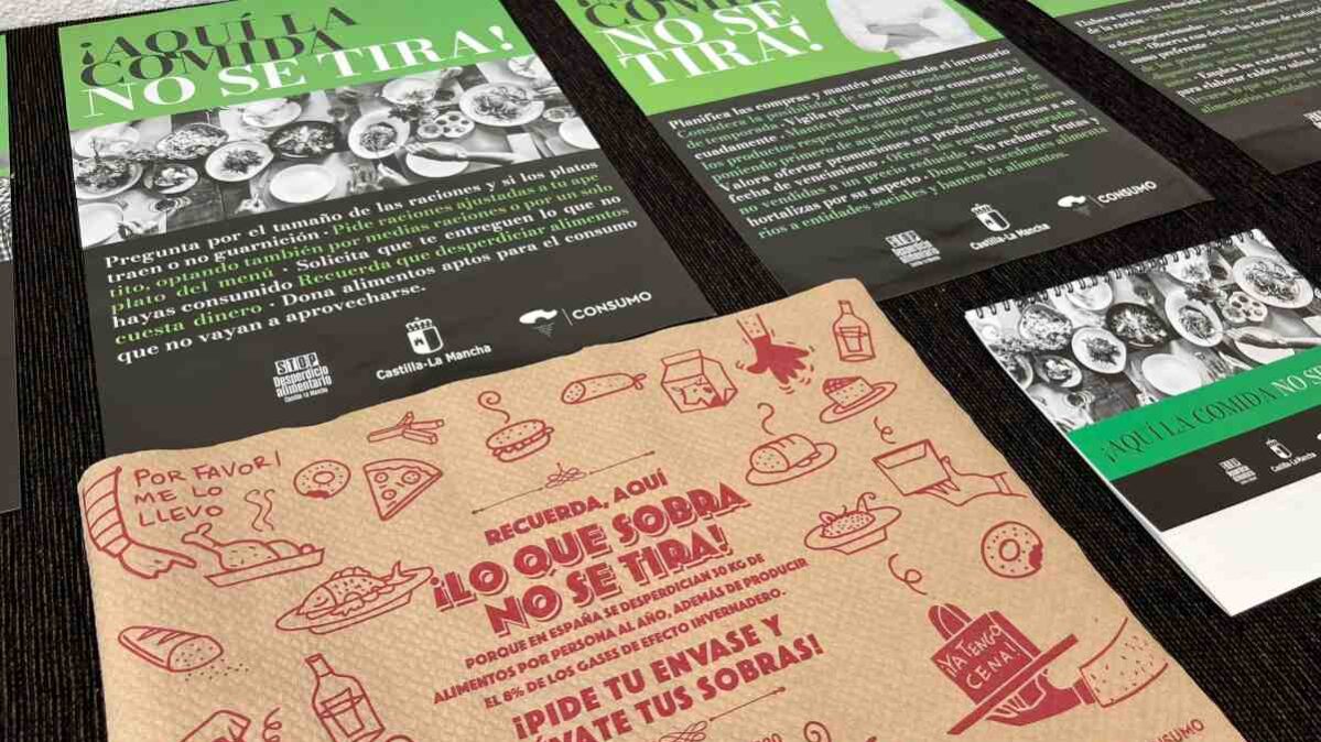 Carteles y salvamantenes de la campaña contra el desperdicio alimentario en Guadalajara
