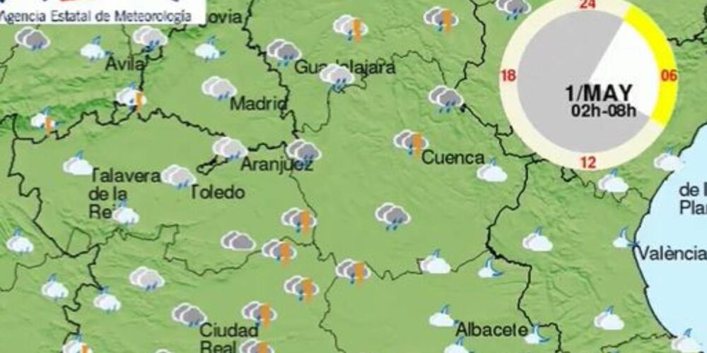 Como se ve en la imagen de la Aemet, puede llover hoy miércoles en Castilla-La Mancha.