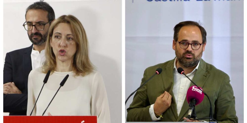 La eurodiputada y candidata del PSOE en las europeas, Cristina Maestre, y el presidente del PP de CLM, Paco Núñez.