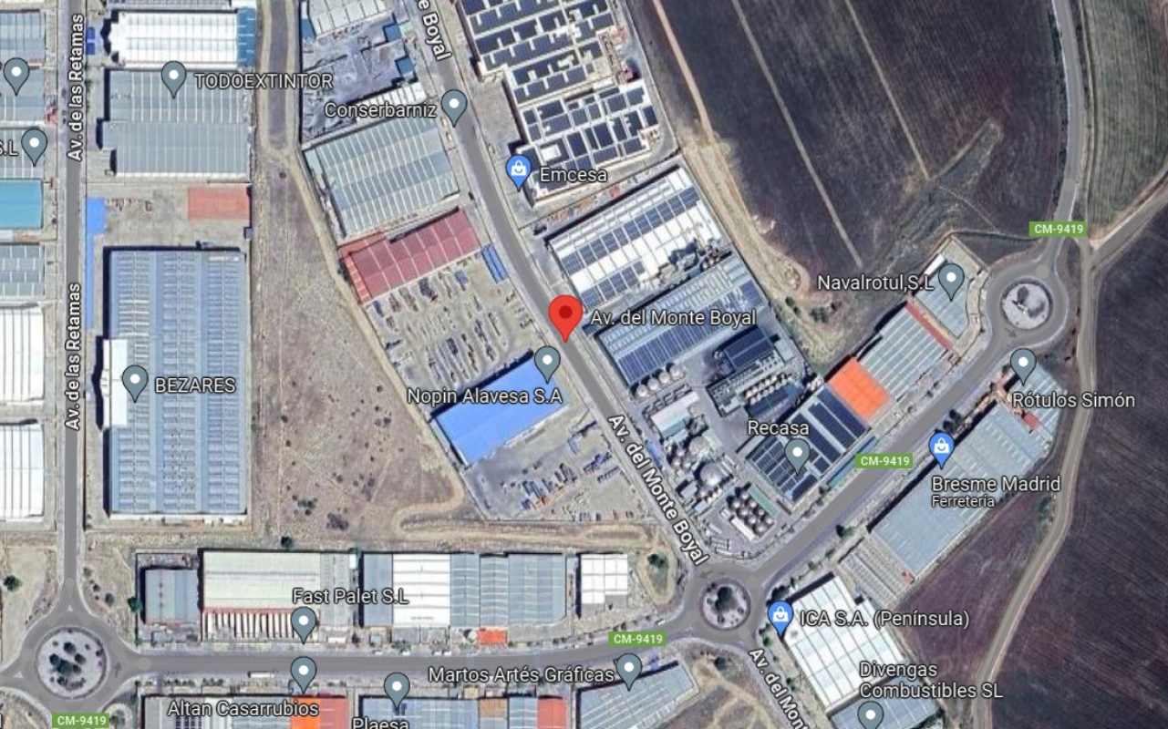 Incendio en una nave industrial en Casarrubios del Monte, sin heridos. Imagen: Google Maps.