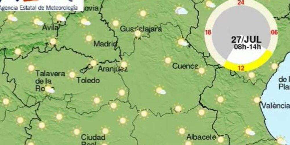 Como se aprecia en la imagen, el sol va a lucir con todo su rigor el sábado en CLM.