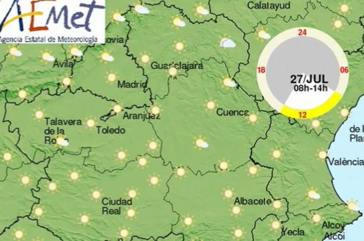 Como se aprecia en la imagen, el sol va a lucir con todo su rigor el sábado en CLM.