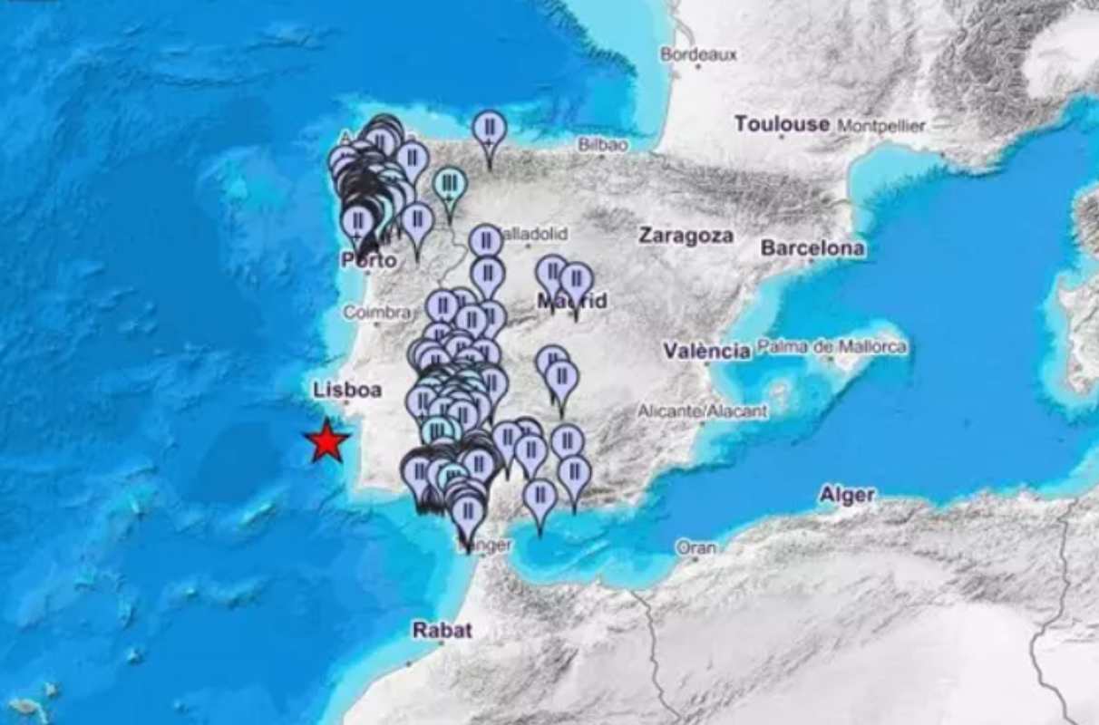 Mapa de intensidades del terremoto registrado al sur de Lisboa. IGN.