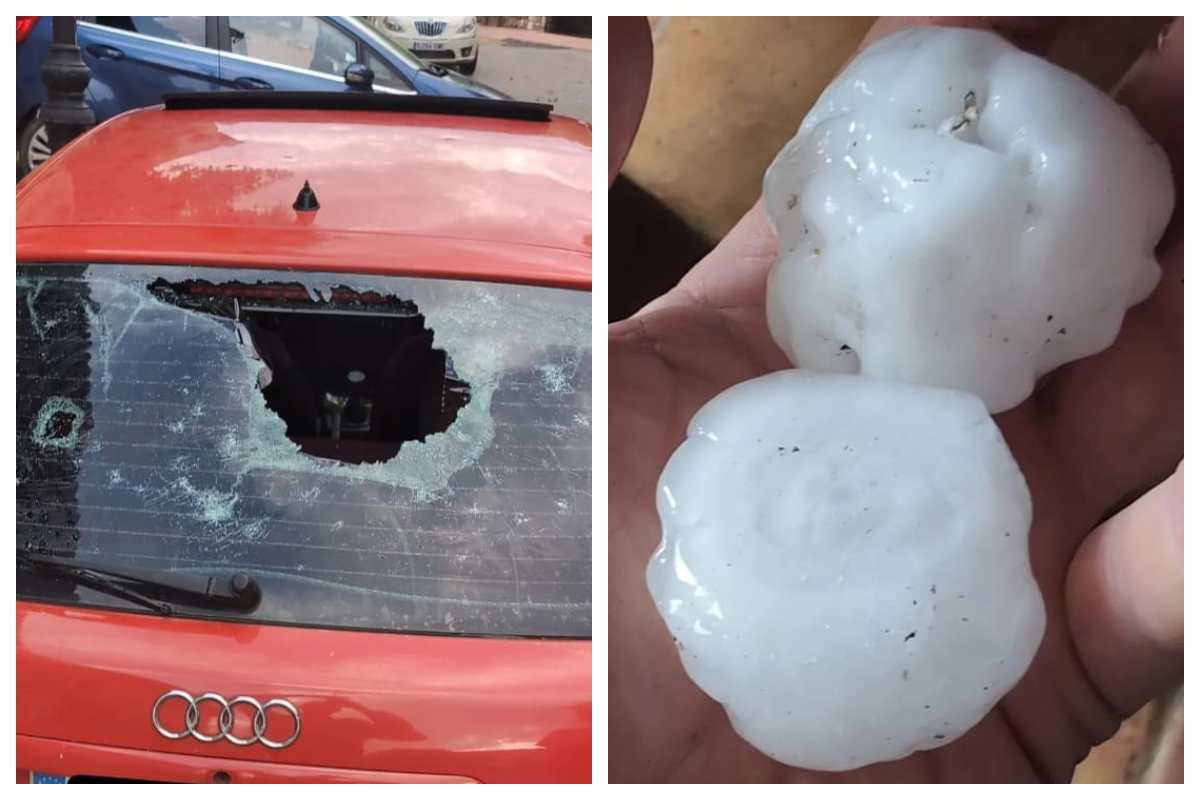 Una luna rota de un coche debido a la granizada que cayó en un pueblo de Cuenca.