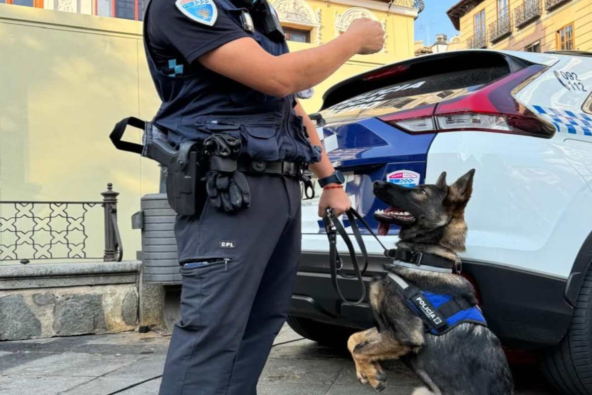 Imagen de un agente con una perro de la Unidad Canina de Toledo.