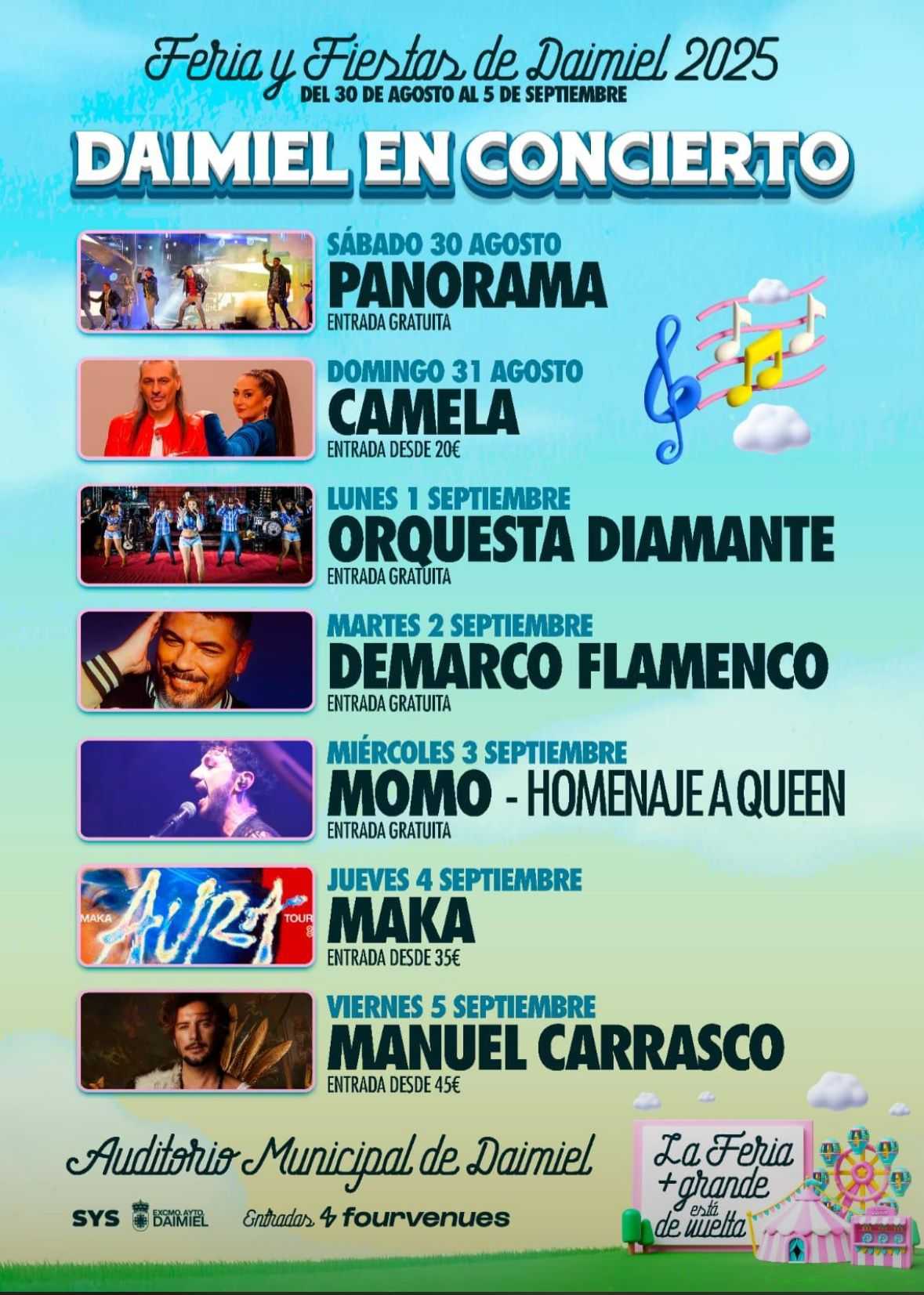 Cartel con las actuaciones musicales de la feria de Daimiel