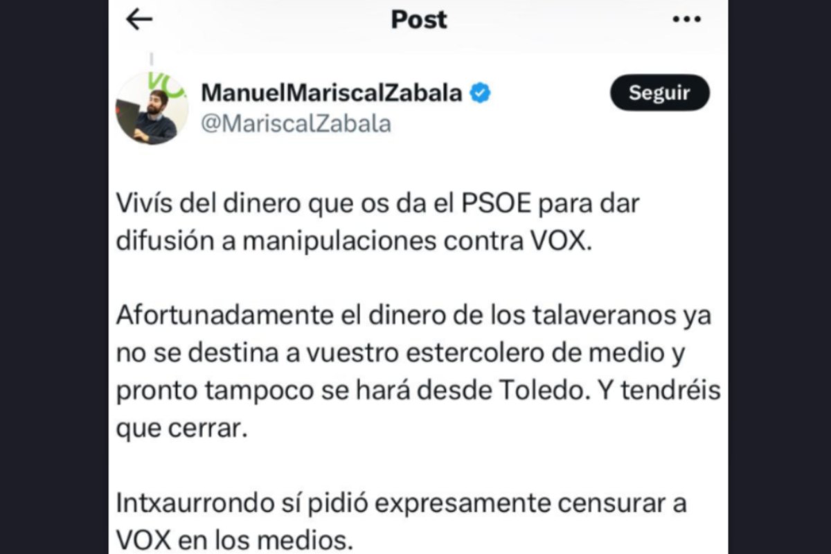 Este es el tweet que el diputado de Vox por Toledo escribió en respuesta a 'La Voz del Tajo'