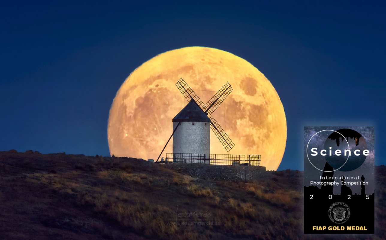 Medalla de oro con su fotografía tomada en los molinos de Consuegra.