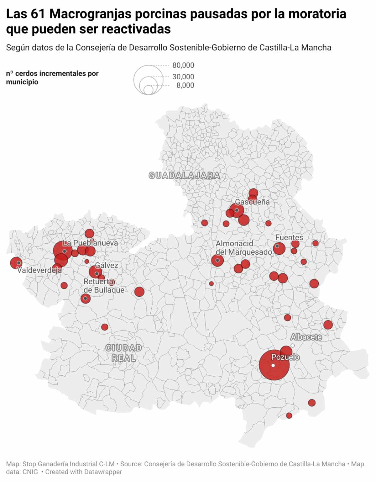 Mapa de las macrogranjas pausadas por la moratoria de las macrogranjas.